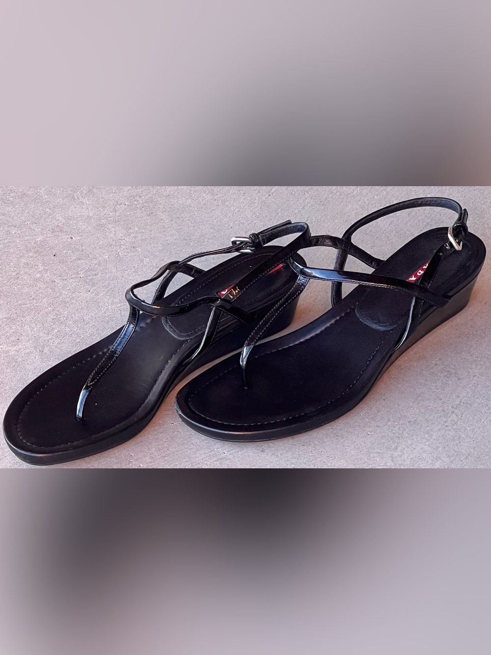 Prada Linea Rossa Black Patent Leather T-Strap Wedge Sandals Size 38.5 Italy - Picture 3 of 11
